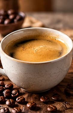 Café Crema mit heller Crema in einer großen Keramiktasse, umgeben von Kaffeebohnen.
