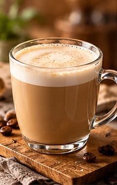 Milchkaffee in einem Henkelglas mit heller Milchschaumschicht auf einem Holzbrett.