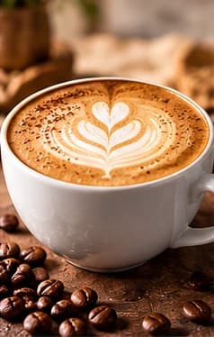 Cappuccino mit Milchschaum-Latte-Art in Herzform in einer weißen Tasse.