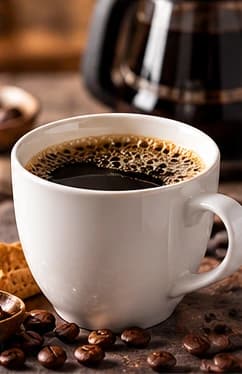 Schwarzer Filterkaffee in einer weißen Tasse, im Hintergrund eine Kaffeekanne.