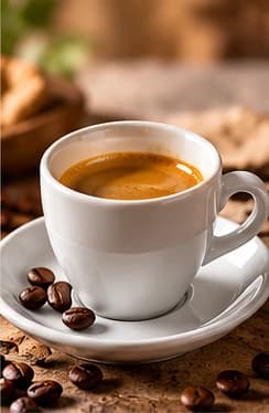 Espresso mit goldbrauner Crema in einer weißen Tasse auf Untertasse, daneben Kaffeebohnen.
