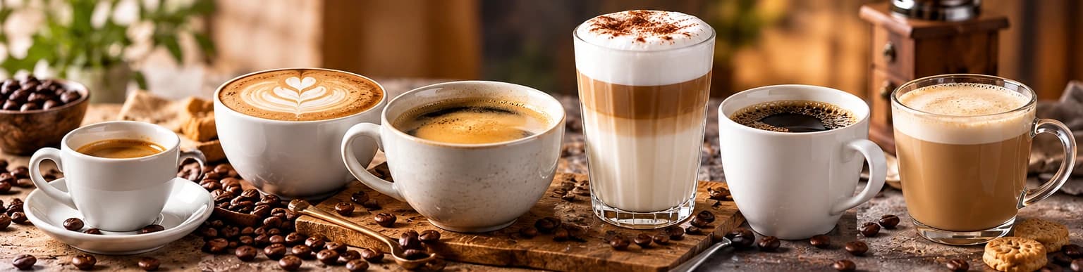 Sechs Kaffeegetränke nebeneinander auf einem Holztisch: Espresso, Cappuccino, Café Crema, Latte Macchiato, Filterkaffee und Milchkaffee.