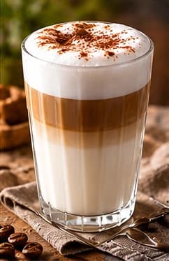 Latte Macchiato im hohen Glas mit sichtbaren Schichten aus Milch, Espresso und Milchschaum.